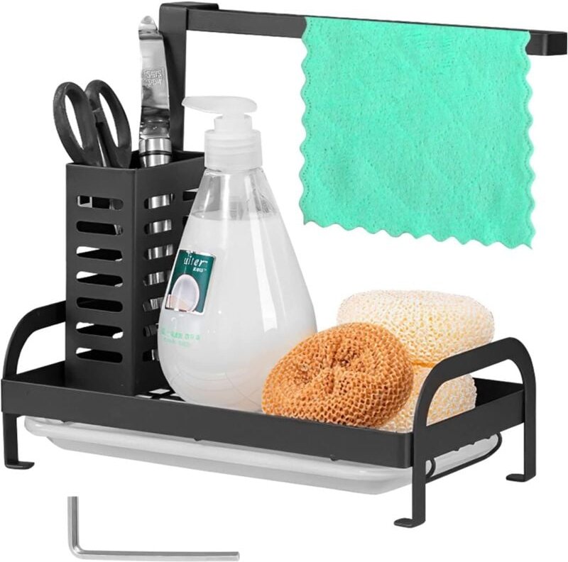 Küchenspüle-Organizer, Küchenspüle-Aufbewahrung für Spülmittel/Schwamm/Löffel, Küchenschwammhalter mit Ablaufwanne, Spül...