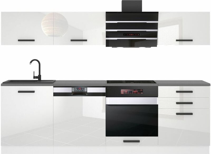 Küchenzeile Küchenblock Linda - Küchenmöbel 240 cm Einbauküche Vollausstattung ohne Elektrogeräten mit Hängeschränke und...