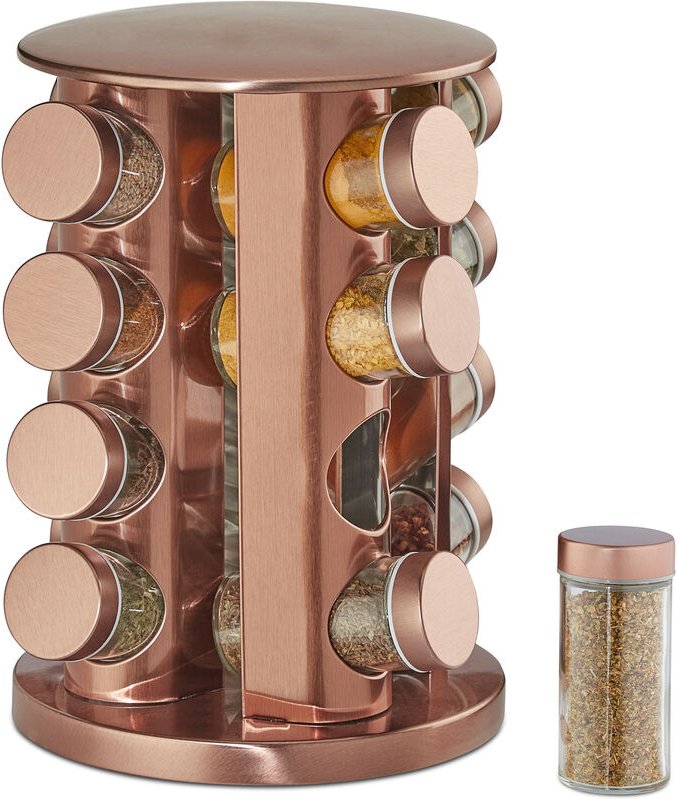 Relaxdays - Gewürzkarussell, mit 16 Gewürzgläsern, 360° drehbar, Edelstahl, Glas, HxD 28 x 22 cm, Gewürzregal rund, kupf...