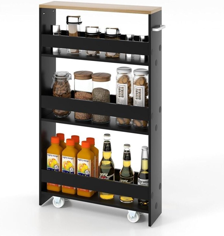 4 Ebenen Nischenregal auf Rollen, Küchenwagen schmal, Badregal mit seitlichem Griff, aus Holz, 48 x 13 x 81 cm (Schwarz ...