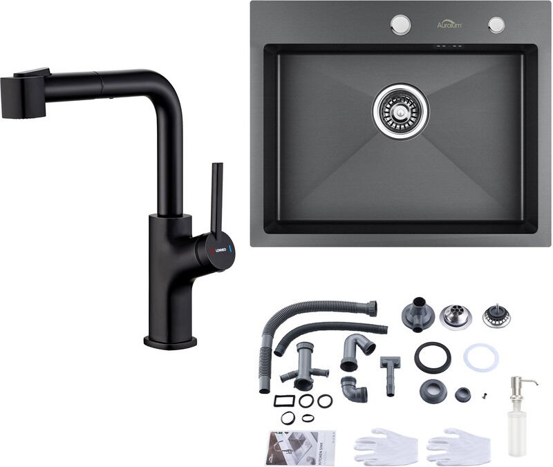 Edelstahl Küchenspüle Einbauspüle 55 × 45 cm + Hochdruck ausziehbar Küchenarmatur, Schwarz