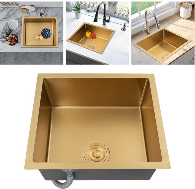 Küchenspüle Edelstahl Spülbecken Waschbecken Spüle Küche Einbauspüle Gold Edelstahlspüle mit Siphon Ab- und Überlaufgarn...