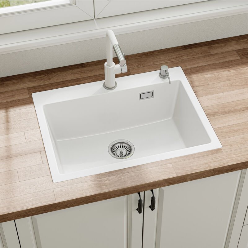 HOROW 60x45 cm Granit Spülbecken Küchenspüle - Einbauspüle, Großes 1 Becken küchen Spülbecken inkl Siphon, weiß spüle mi...