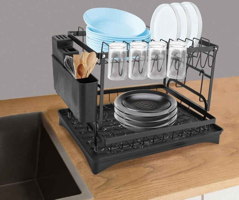 Abtropfschale 2-stufig, Abtropfgestell Geschirr, 2-Stufiges Geschirrabtropfgestell mit abnehmbarem Abtropfbrett, Besteck...
