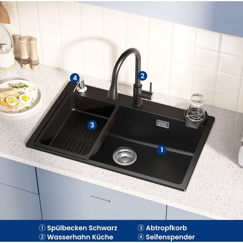 Thumbnail - 70 x 45 cm Granit-Küchenspülen-Set mit ausziehbarem Küchenwasserhahn, Abtropfkorb, Seifenspender, passend für Schränke ü...