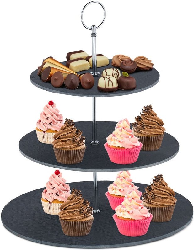 Etagere, 3 Etagen, Schiefer, Kuchen, Snacks, Obst, Metallgriff, Servierständer, HxD 33x30 cm, anthrazit/silber - Relaxda...