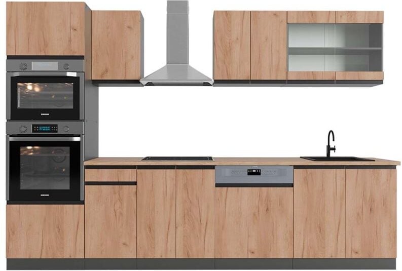 Vicco - Küchenzeile R-Line, Goldkraft Eiche/Anthrazit, 300 cm mit Hochschrank, ap Eiche