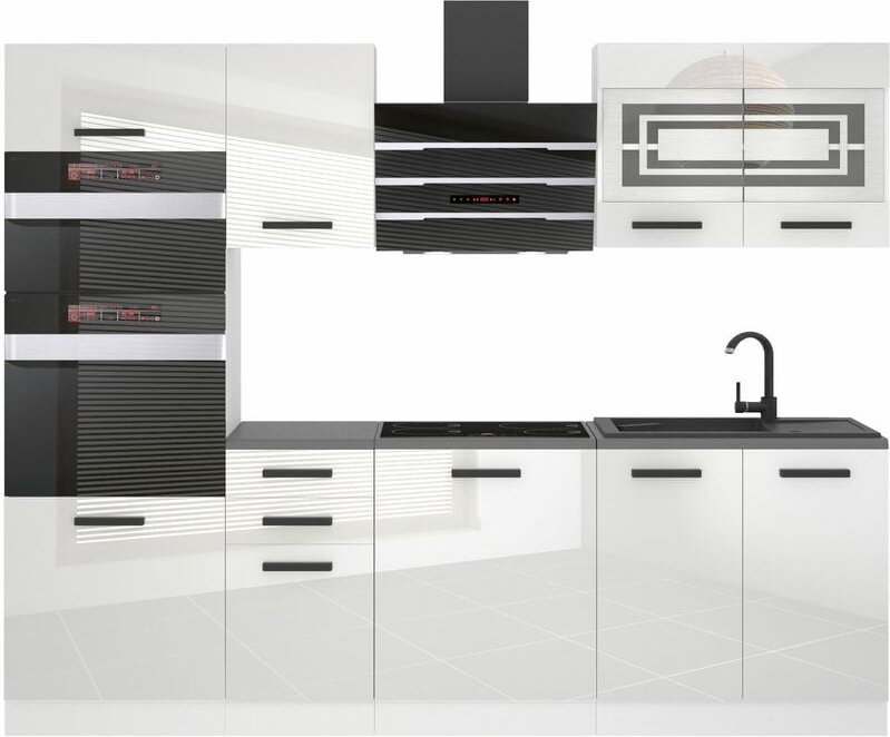 Küchenzeile Küchenblock Tracy - Küchenmöbel 240 cm Einbauküche Vollausstattung ohne Elektrogeräten mit Hängeschränke und...