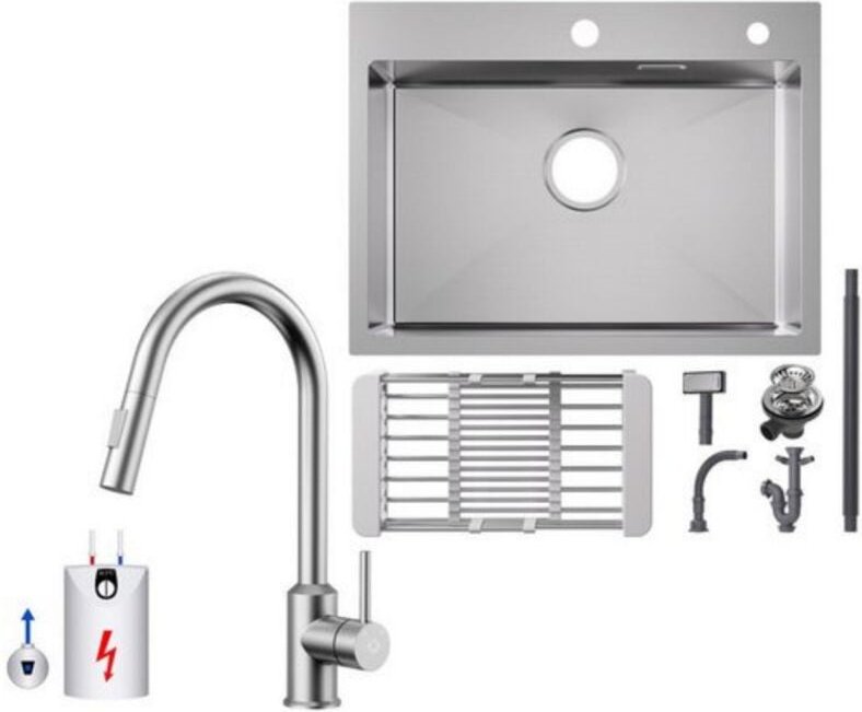 Küchenspüle aus Edelstahl 60x45cm Aufsatzwaschbecken Gebürstete + Ausziehbarer Niederdruck-Küchenarmatur Gebürstete Küch...