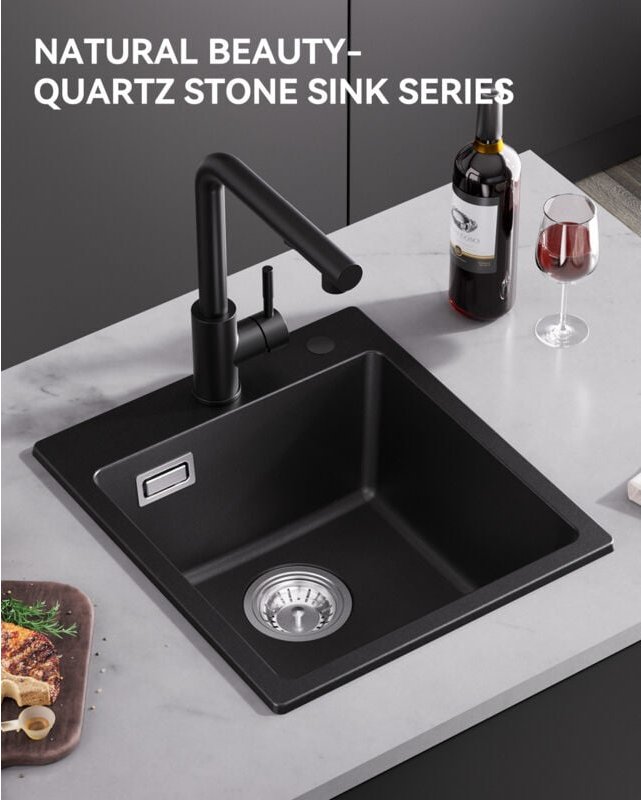 Sofetiy Max Granitspüle 40 x 45 cm Spülbecken Granit, Küchenspüle klein Granit Einbauspüle mit Siphon Ab- und Überlaufga...