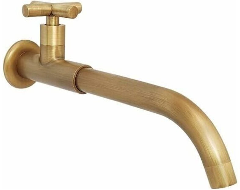 Messing Kaltwasser Wandmontage Wasserhahn, Antiker Langer Gartenhahn, 360° Schwenkbarer Mischbatteriehahn mit Kreuzgriff...