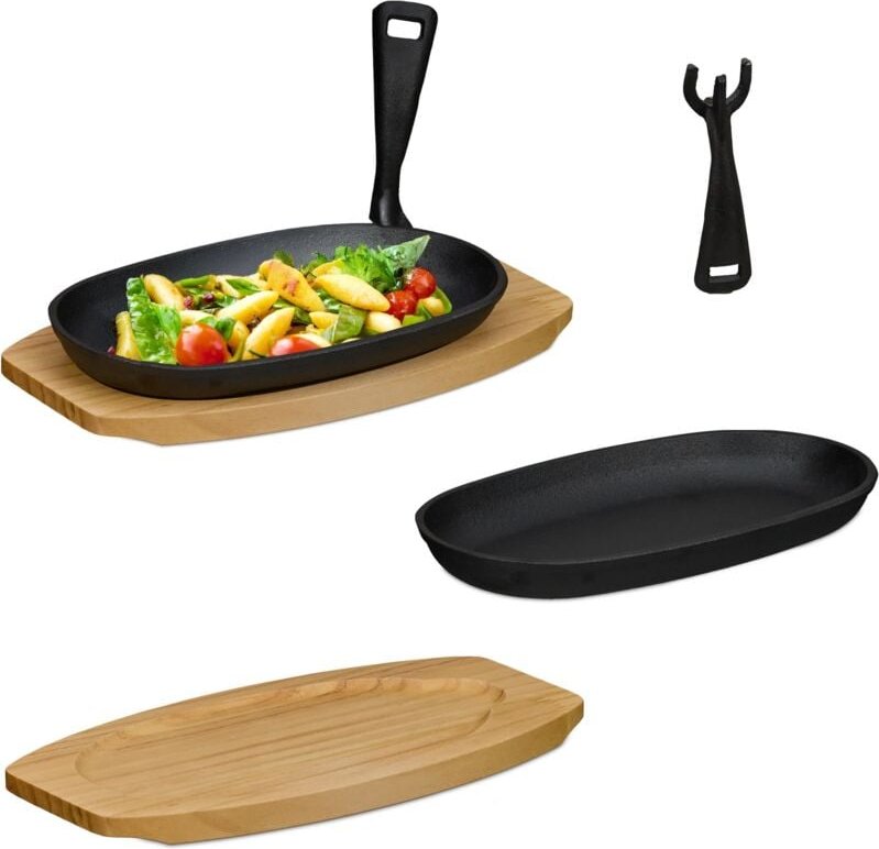 Thumbnail - Relaxdays Servierpfanne, 2er Set, Gusseisen, mit Holzuntersetzern, abnehmbarer Griff, Grillpfännchen, schwarz/natur