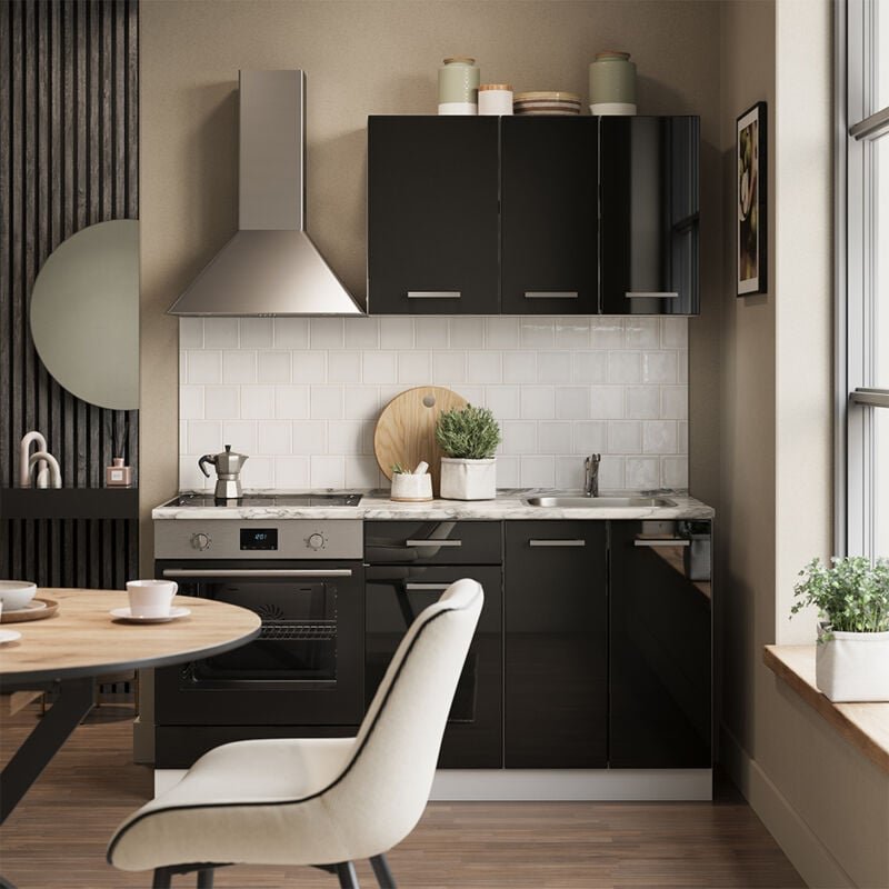 Singleküche R-Line, Schwarz Hochglanz/Weiß, 160 cm mit Herdumbauschrank ohne Arbeitsplatte, Vicco