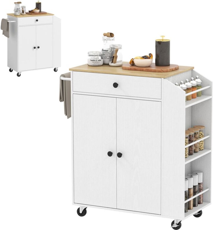 Thumbnail - Kücheninsel Küchenwagen auf Rollen mit Arbeitsplatte, Küchenschrank mit Schublade, Gewürzregal, Ablage, Handtuchhalter, ...