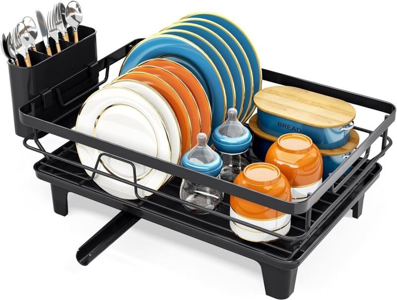 Platzsparender Geschirrabtropfkorb, Besteckhalter, erhöhte Füße, großes Fassungsvermögen, schwarz