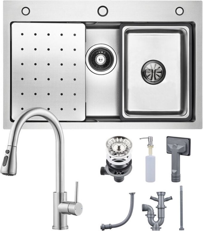 CECIPA MAX Küchenspüle 70 × 45 cm mit Abtropffläche, Becken und Seifenspender mit Küchenarmatur mit ausziehbarer Brause,...