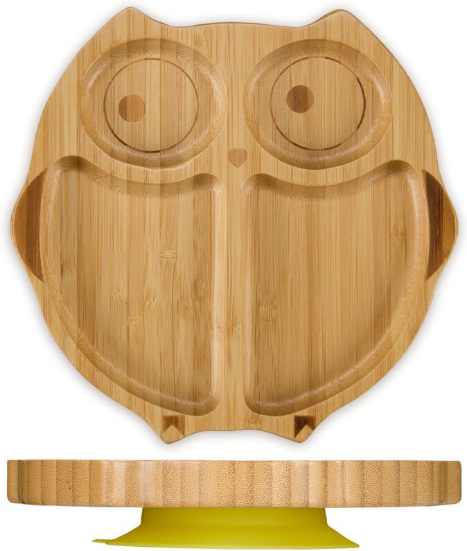 Baby Teller mit Saugnapf, Bambus, Motiv Eule, rutschfest, BPA-frei, Beikost, unterteilter Kinderteller, natur - Relaxday...
