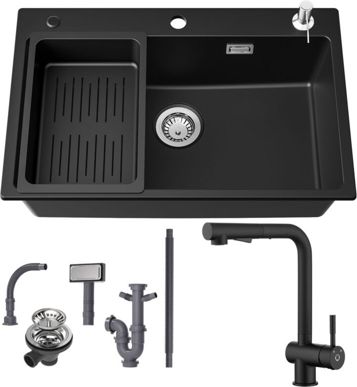 Granitspüle 70×45 cm Küchenspüle Granit + Ausziehbare Küchenarmatur(Höhe 312mm), Aufsatz Spüle mit Abtropfkorb und Seife...