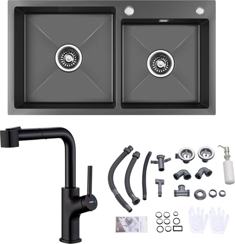 Edelstahl Doppelbecken Küchenspüle Einbauspüle 75 x 45 cm + Hochdruck ausziehbar Küchenarmatur, Schwarz