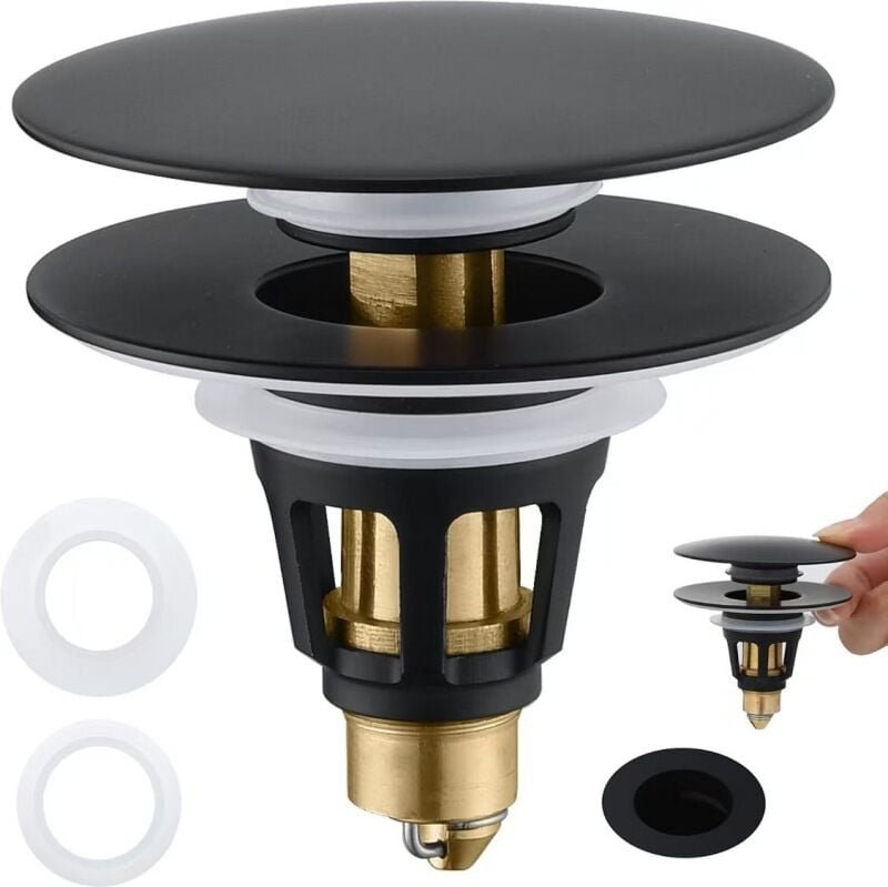 Universeller 2-in-1-Abflussstopfen aus Metall mit Abflusssieb und Haarfänger, verstopfungsfrei, mattschwarz