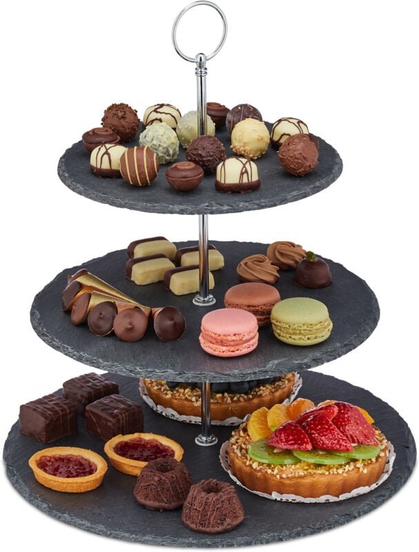 2 x Etagere mit 3 Etagen, Schiefer, Kuchen, Snacks, Obst, Metallgriff, Servierständer, HxD: 34x30 cm, anthrazit/silber