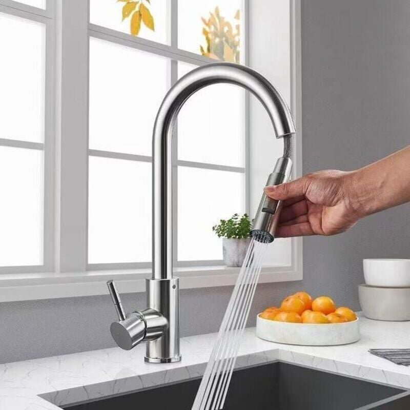 360° schwenkbare, flexible Edelstahl-Spültischarmatur mit ausziehbarem Luftsprudler, hoher ausziehbarer Brause, 2 Strahl...