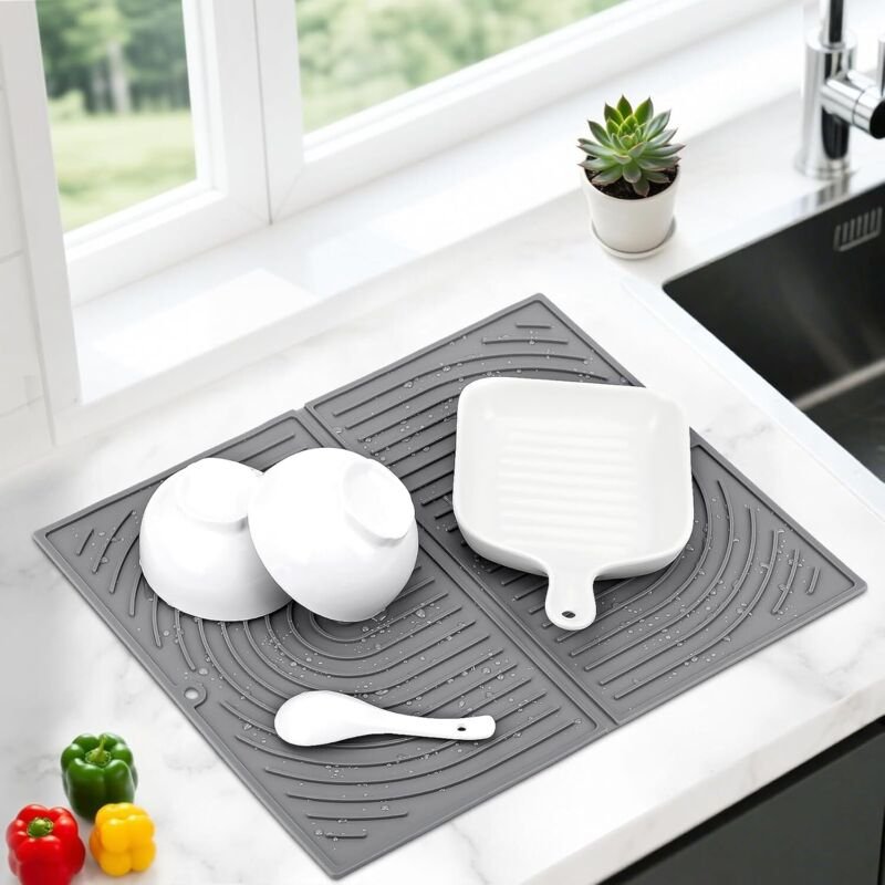 Silikon-Abtropfmatte 43×34 cm grau, saugfähig/faltbar/hitzebeständig.