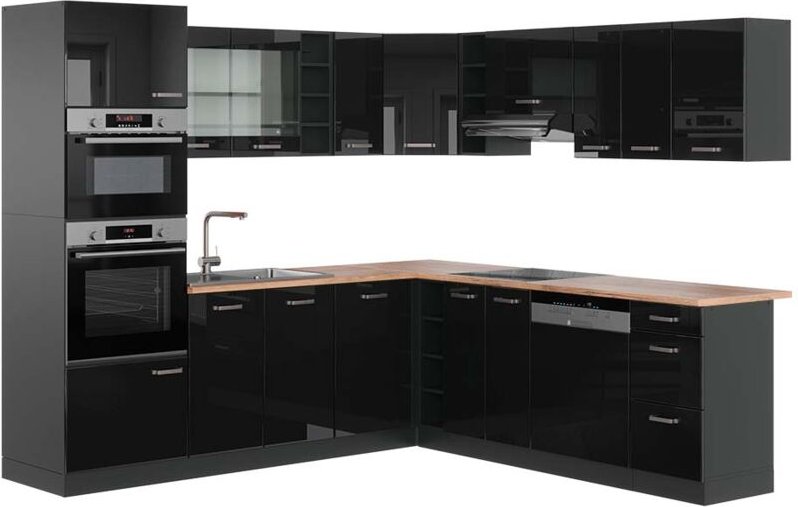 Vicco - Eckküche R-Line, Schwarz Hochglanz/Anthrazit, 237 x 247 cm , ap Eiche