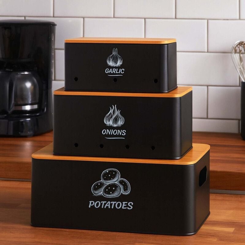 Aufbewahrungsbox set 3 teilig metall mit bambusdeckeln