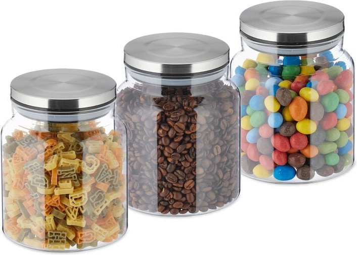 Relaxdays Vorratsgläser mit Deckel, 3er Set, 1100 ml, runde Vorratsdosen, luftdichte Glasbehälter, transparent/silber