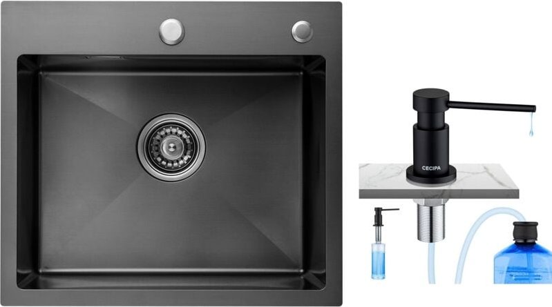 Küchenspüle 1 Schüssel Edelstahlspüle 1 Schüssel mit Siphon und Überlauf Küchenspüle 50 x 45 x 18,5 cm + schwarzer Seife...