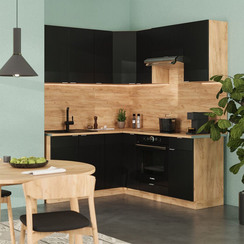 Eckküche Fame-Line, Schwarz gestreift/Goldkraft Eiche, 160 x 190 cm , AP Anthrazit, Vicco