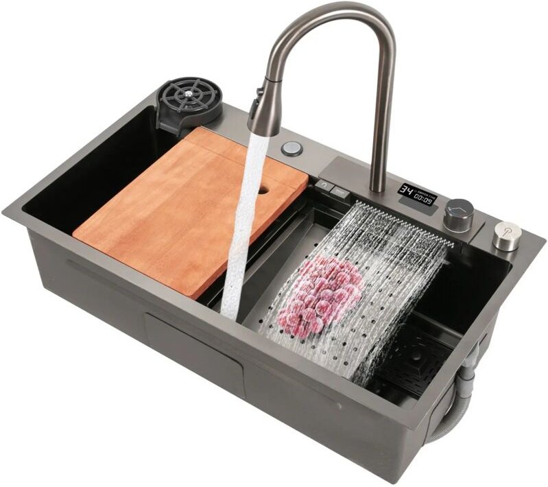 Edelstahl-Wasserfallspüle mit Digitalanzeige, multifunktionale Arbeitsspüle, Küchenspüle mit ausziehbarer Armatur