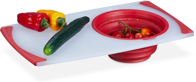 Relaxdays - Schneidebrett mit Sieb, Kunststoff, 50 x 29 cm, Küchenbrett, faltbare Auffangschale, Schnittbrett, weiß/rot