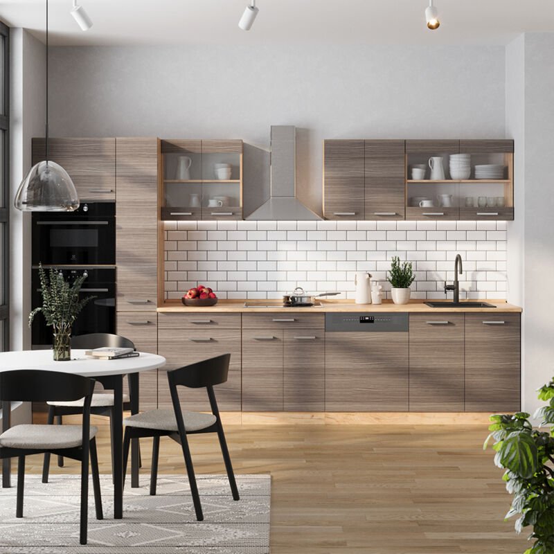 Vicco - Küchenzeile R-Line, Edelgrau/Goldkraft Eiche, 350 cm , ap Marmor