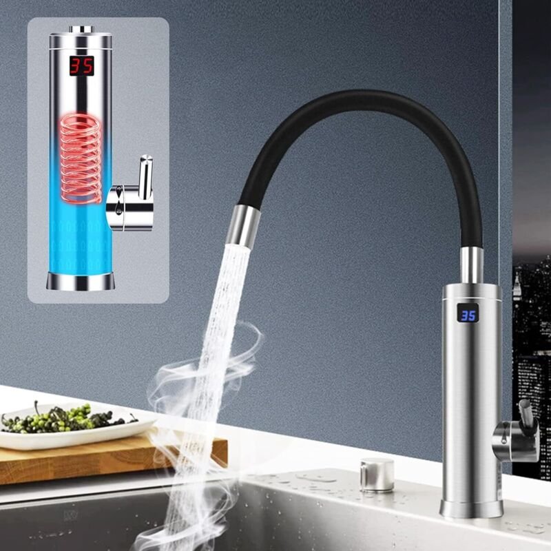 Elektrischer Wasserhahn mit Durchlauferhitzer & LED Temperaturanzeige,Wasserhahn Küche 220V 3000W 360° Drehbarer Küchena...