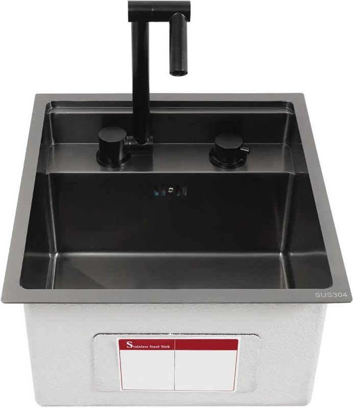 Einbauspüle, quadratisch, 43 x 39 cm, schwarzer Edelstahl, mit Armatur, Einzelbecken mit Deckel