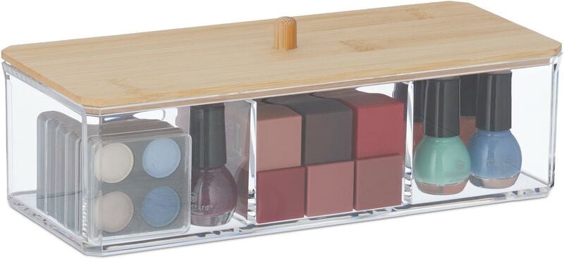 Relaxdays - Make Up Organizer mit Bambusdeckel, 3 Fächer, Kunststoff, Aufbewahrung Haargummis, Kosmetik, transparent/nat...