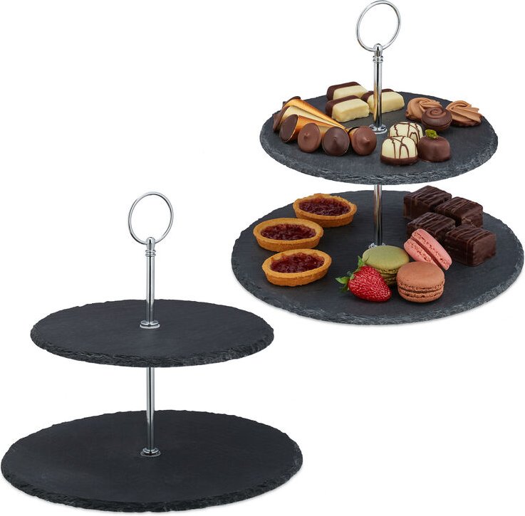 2 x Etagere mit 2 Etagen, Schiefer, Kuchen, Snacks, Obst, Metallgriff, Servierständer, HxD: 23 x 25 cm, anthrazit/silber