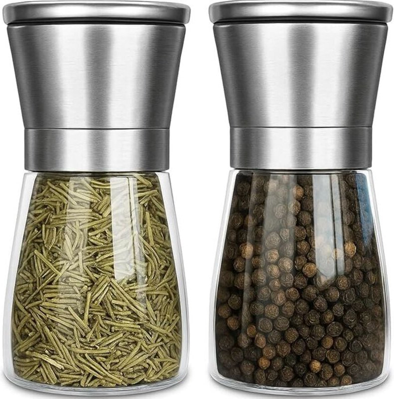 2-teiliges Pfeffermühlen-Set – Salz- und Pfefferstreuer – Pfeffermühle, 2 x 180 ml, Edelstahl und Glas, verstellbares Ke...