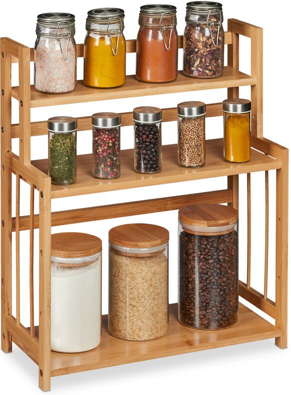 Relaxdays - Gewürzregal Bambus, verstellbar, Küchenorganizer für Gewürze, platzsparend, 3 Etagen, hbt 50x41,5x18 cm, nat...