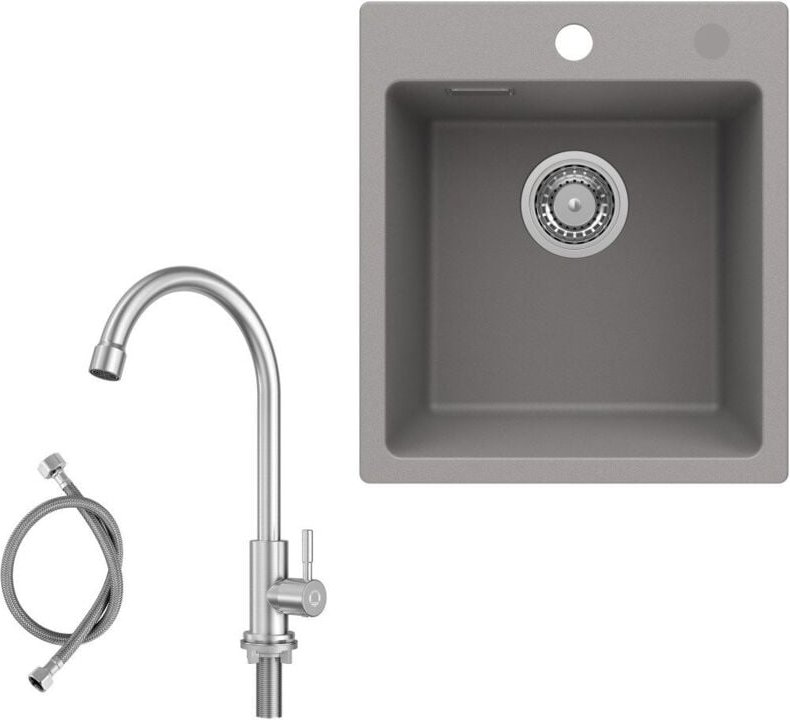 Cecipa Max - 40×45cm Aufsatzwaschbecken Grau Granitspüle mit Kaltwasser-Küchenarmatur Gebürsteter Hochdruck-Küchenhahn H...