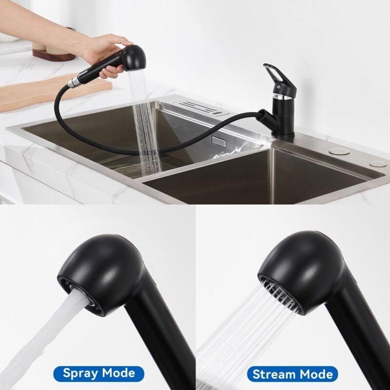 Küchenarmatur ausziehbare mit 2 Strahlarten Schwarz, 360° Drehbar Wasserhahn Küche ausziehbar bis 60cm, Spültischarmatur...
