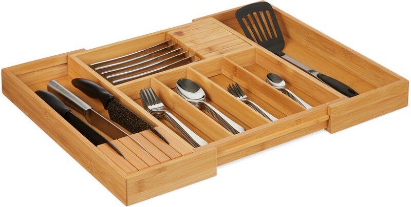 Besteckkasten Bambus, ausziehbar, 2 Messerblöcke, Schubladeneinsatz mit 5-7 Fächern, hbt 5 x 56 x 43 cm, natur - Relaxda...
