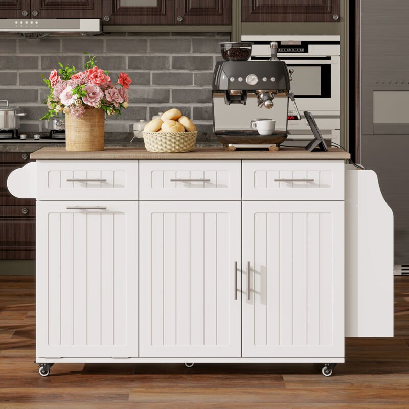 Îlot de cuisine 120×40(70)×90 cm avec roulettes 2 ports USB trois tiroirs et placards blanc