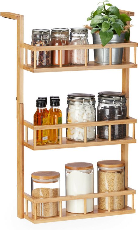 Relaxdays - Gewürzregal, zum Hängen & Hinstellen, Küchenschrank, Arbeitsplatte, 3 Etagen, Bambus, Küchen Organizer, natu...