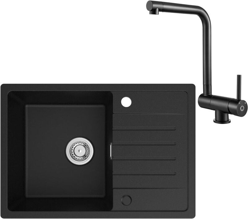 Cecipa - Spülbecken Schwarz mit Armatur Klappbar 65 x 45 cm, Küchenspüle aus Granit Schwarz, Waschbecken Küche mit Rever...