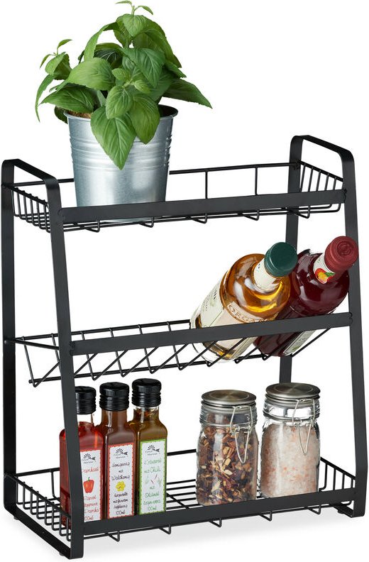 Relaxdays - Gewürzregal, 3 Etagen, stehend, für Gewürze, Kräuter & Öl, Metall, Gewürzhalter, 38 x 35 x 18,5 cm, schwarz