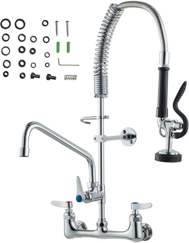 Kommerzieller Wasserhahn mit Vorspülbrause, 63,5 cm Höhe, 20,3 cm Mitte, 30,5 cm Schwenkauslauf, Wandmontage, aus Messin...