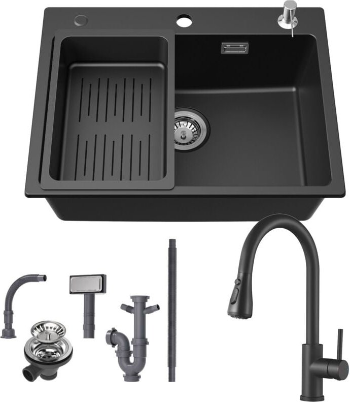 Granitspüle 60×45 cm Küchenspüle Granit + Ausziehbare Küchenarmatur, Aufsatz Spüle mit Abtropfkorb und Seifenspender